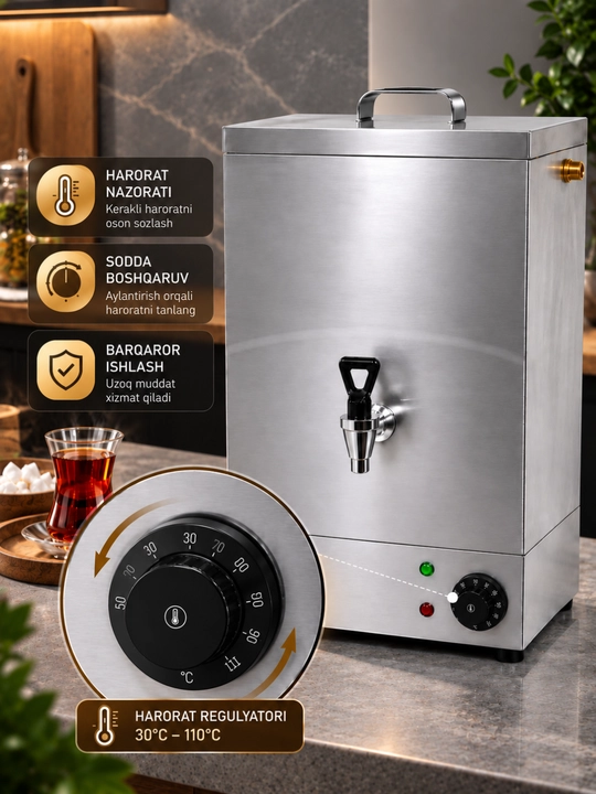 Elektr samovar, zanglamas po‘lat, harorat sozlagichli, kranli, katta hajmli, uy va ofis