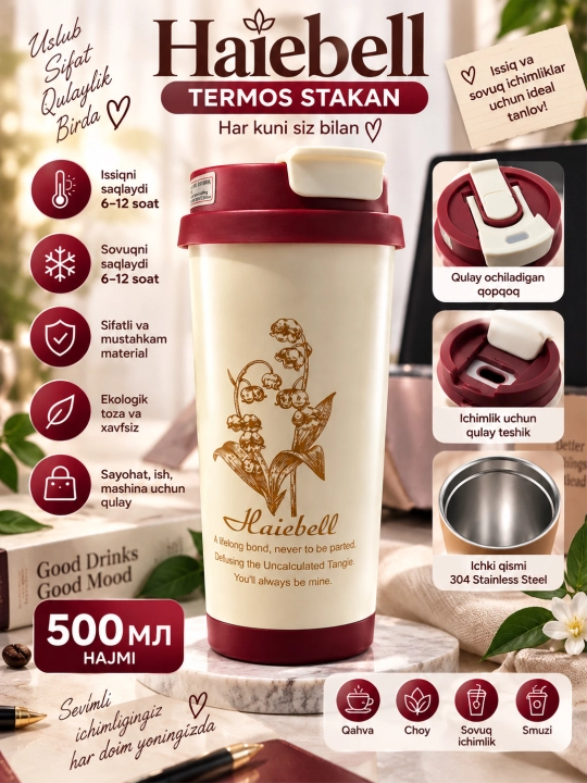 Термокружка с крышкой и ремешком Coffee для горячих и холодных напитков - 