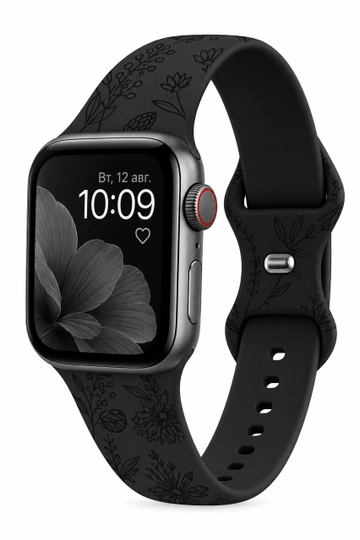 Ремешок для Apple Watch силиконовый, чёрный, с цветочным узором, 38-40-41-42 мм - 