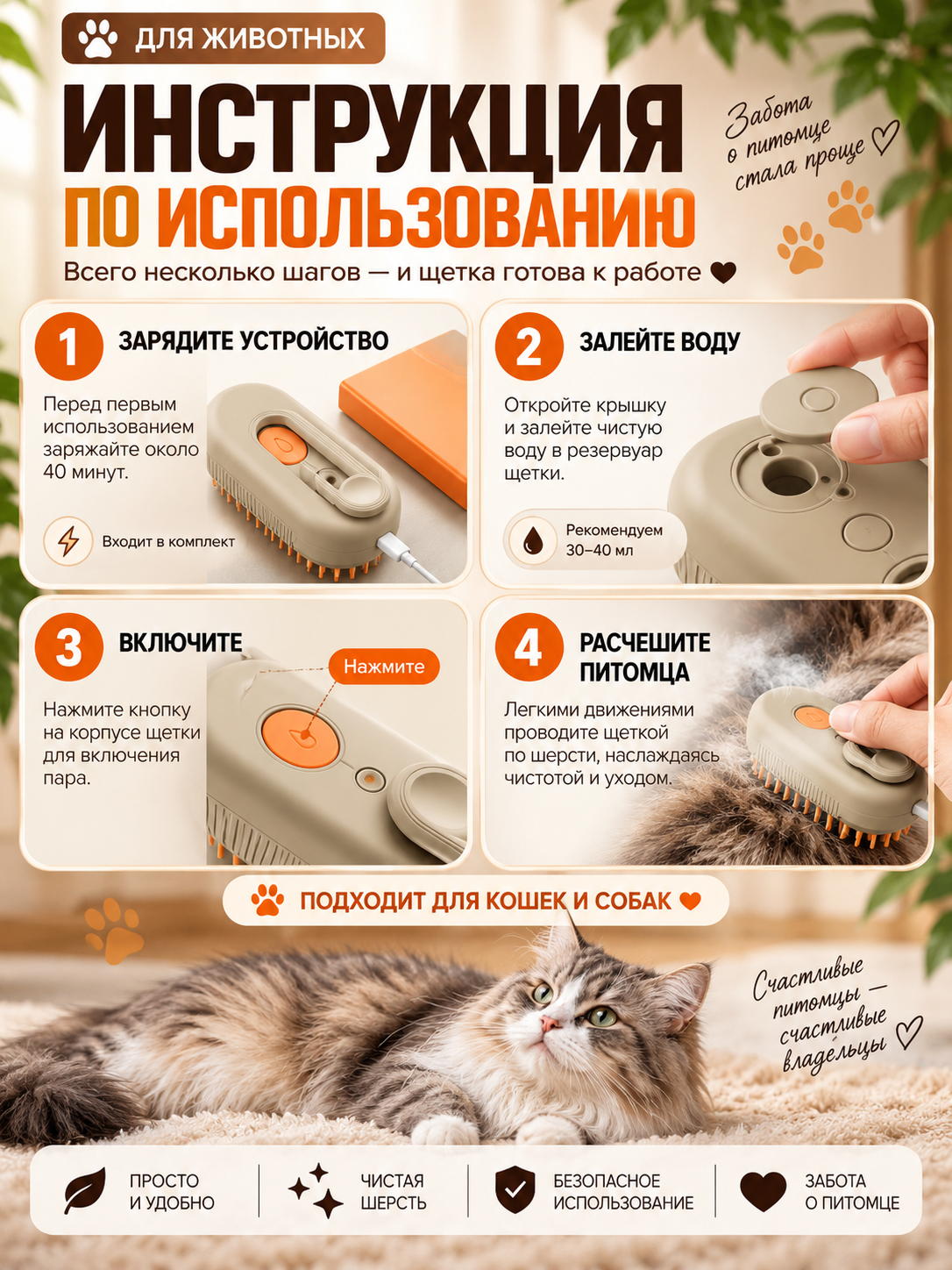 Расческа для кошек, для собак, паровая щетка, уход за шерстью, удаление шерсти