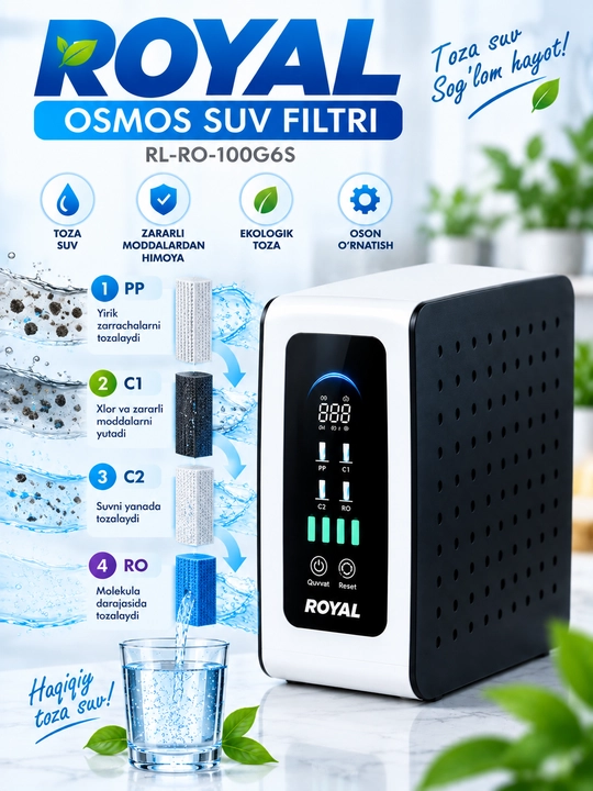 ROYAL RL-RO-100G6S teskari osmos filtri, toza va minerallashgan suv uchun filtr