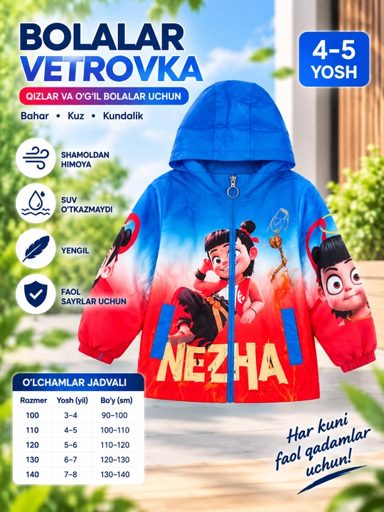 Bolalar uchun yengil vetrovka — qizlar va o‘g‘il bolalar uchun kundalik kurtka