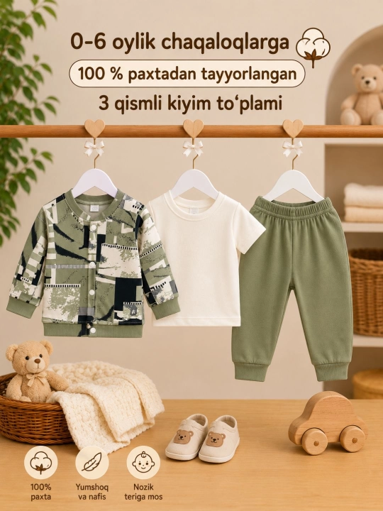 Chaqaloqlar uchun kiyim to'plami, 0-6 oylik, 100% paxta, 3 qismli set: bodi, kofta va shim - 