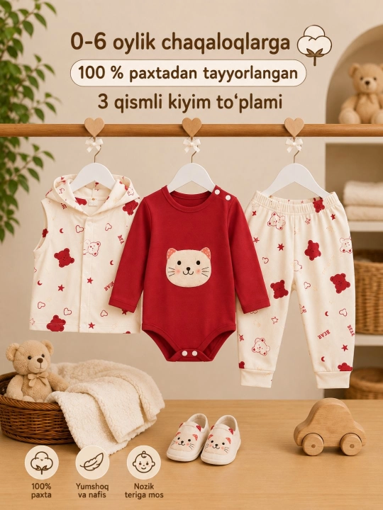 Chaqaloqlar uchun kiyim to'plami, 0-6 oylik, paxta, 3 qismli set: jiletka, bodi va shim - 