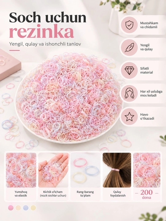 Yumshoq soch rezinkalari, silikon, 200 dona - 