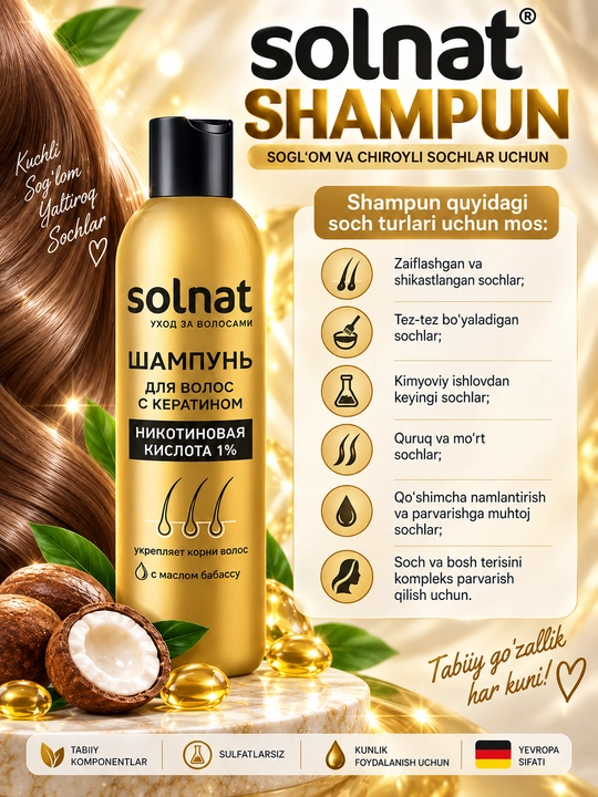 SOLNAT Nikotin kislotasi, keratin va babassu yog‘li soch shampuni, 250 ml