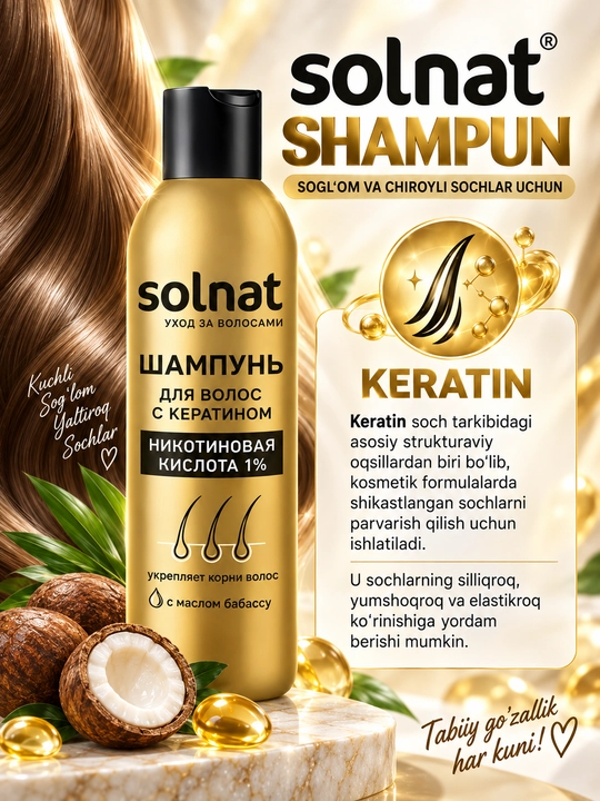 SOLNAT Nikotin kislotasi, keratin va babassu yog‘li soch shampuni, 250 ml
