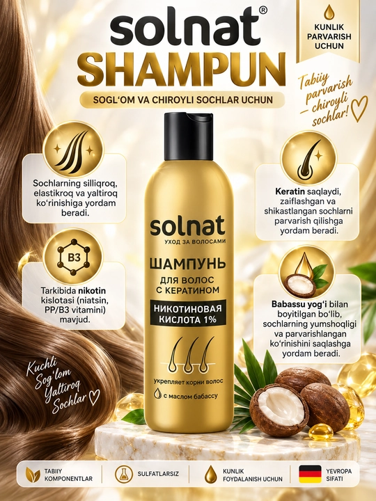 SOLNAT Nikotin kislotasi, keratin va babassu yog‘li soch shampuni, 250 ml - 