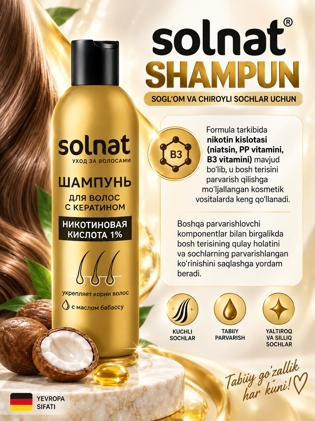 SOLNAT Nikotin kislotasi, keratin va babassu yog‘li soch shampuni, 250 ml