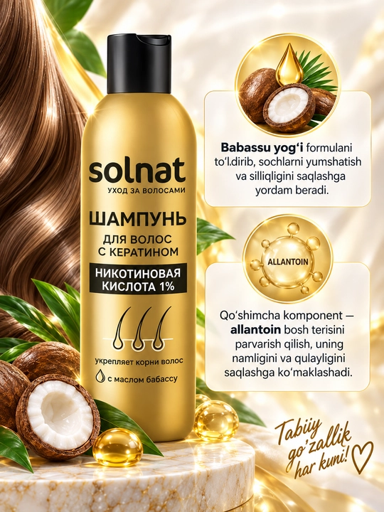 SOLNAT Nikotin kislotasi, keratin va babassu yog‘li soch shampuni, 250 ml