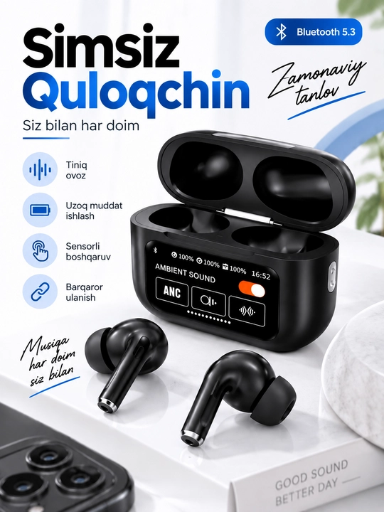 Simsiz naushniklar Arpods Pods Pro ANC, sensor ekranli