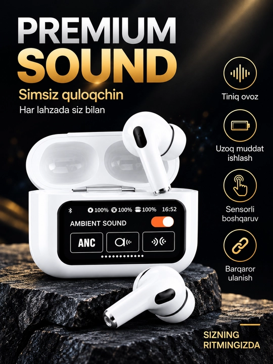 Simsiz naushniklar Arpods Pods Pro ANC, sensor ekranli