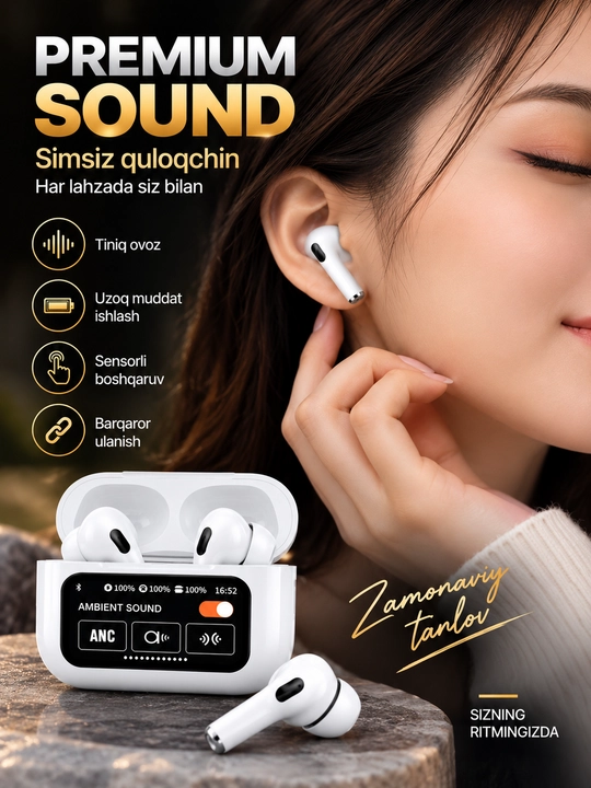 Simsiz naushniklar Arpods Pods Pro ANC, sensor ekranli