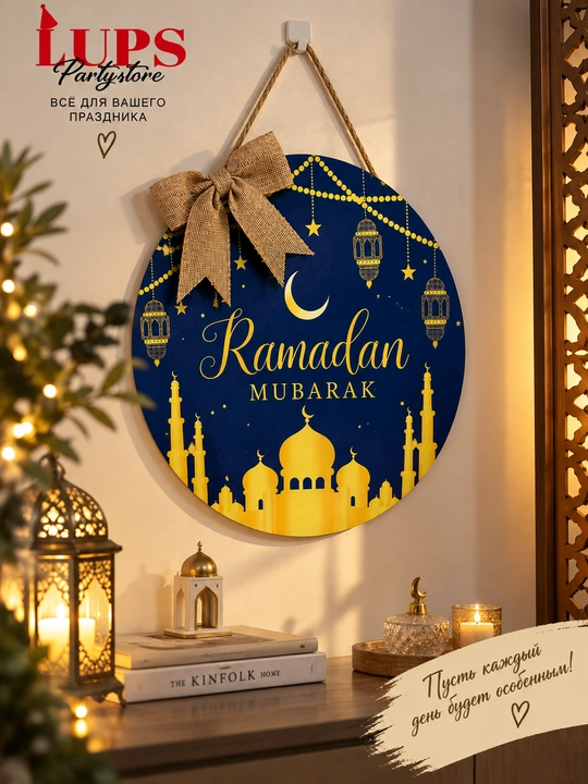 Ramadan Mubarak dekorativ paneli, 30 sm, bant va osma ip bilan uy uchun