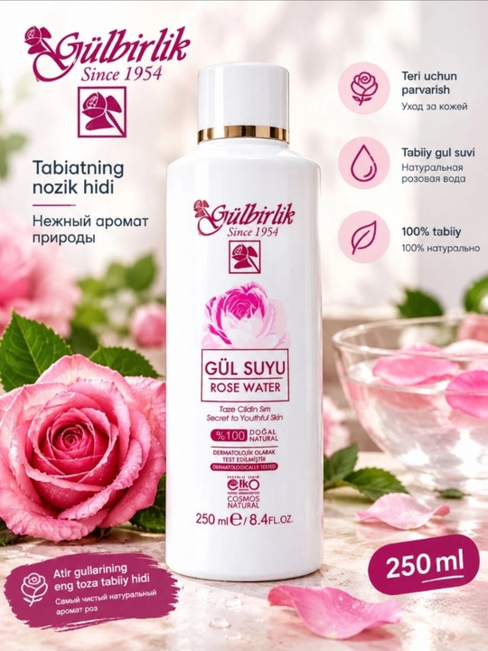 Atirgul suvi, yuz uchun tabiiy gidrolat va tonik, 250 ml