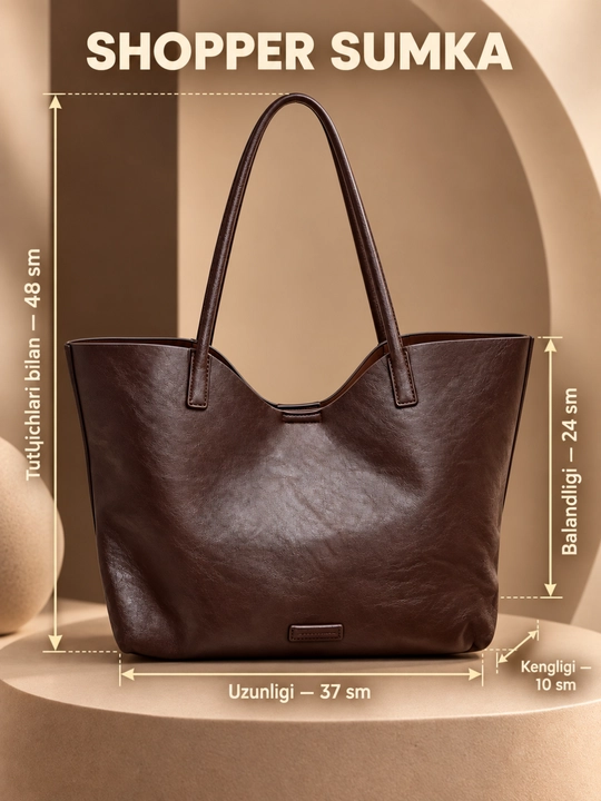 Ayollar va qizlar uchun katta jigarrang shopper sumka, uzun tutqichli