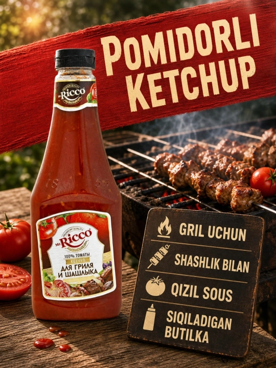 Mr.Ricco ketchupi 800 g, pomidorli sous, tabiiy pomidor, go‘sht va gril, 2 xil ta'm