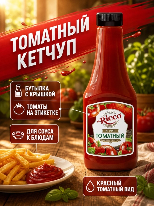 Mr.Ricco ketchupi 800 g, pomidorli sous, tabiiy pomidor, go‘sht va gril, 2 xil ta'm