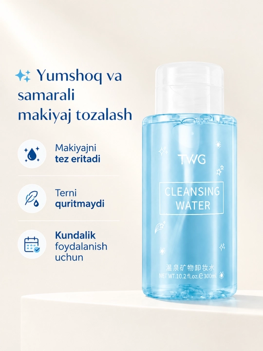 TWG Cleansing Water Mitsellyar suvi – Makiyajni tozalash va yuzni tozalash uchun, 300 ml - 