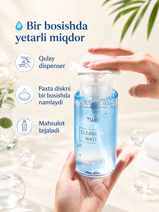 TWG Cleansing Water Mitsellyar suvi – Makiyajni tozalash va yuzni tozalash uchun, 300 ml