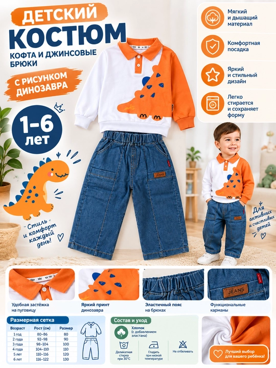 Bolalar kiyimi 1–6 yosh, dinozavr naqshli kofta va jinsi shim komplekti, dvoyka