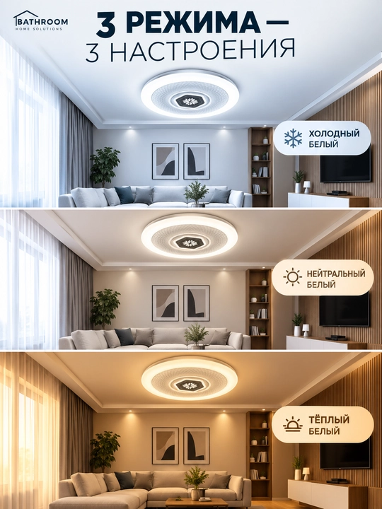 LED plafon 96W Ø45 sm, dumaloq va kvadrat, 3 xil yoritish rejimi, kristall ramkali