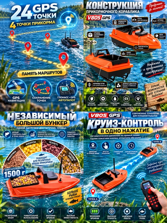 GPS navigatsiyali baliq ovlash uchun prikormka kemasi V802 Pro