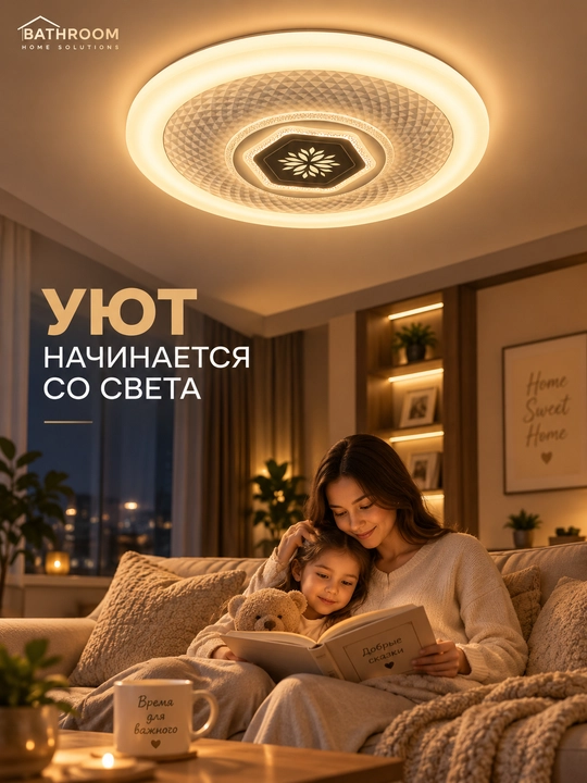 LED plafon 96W Ø45 sm, dumaloq va kvadrat, 3 xil yoritish rejimi, kristall ramkali