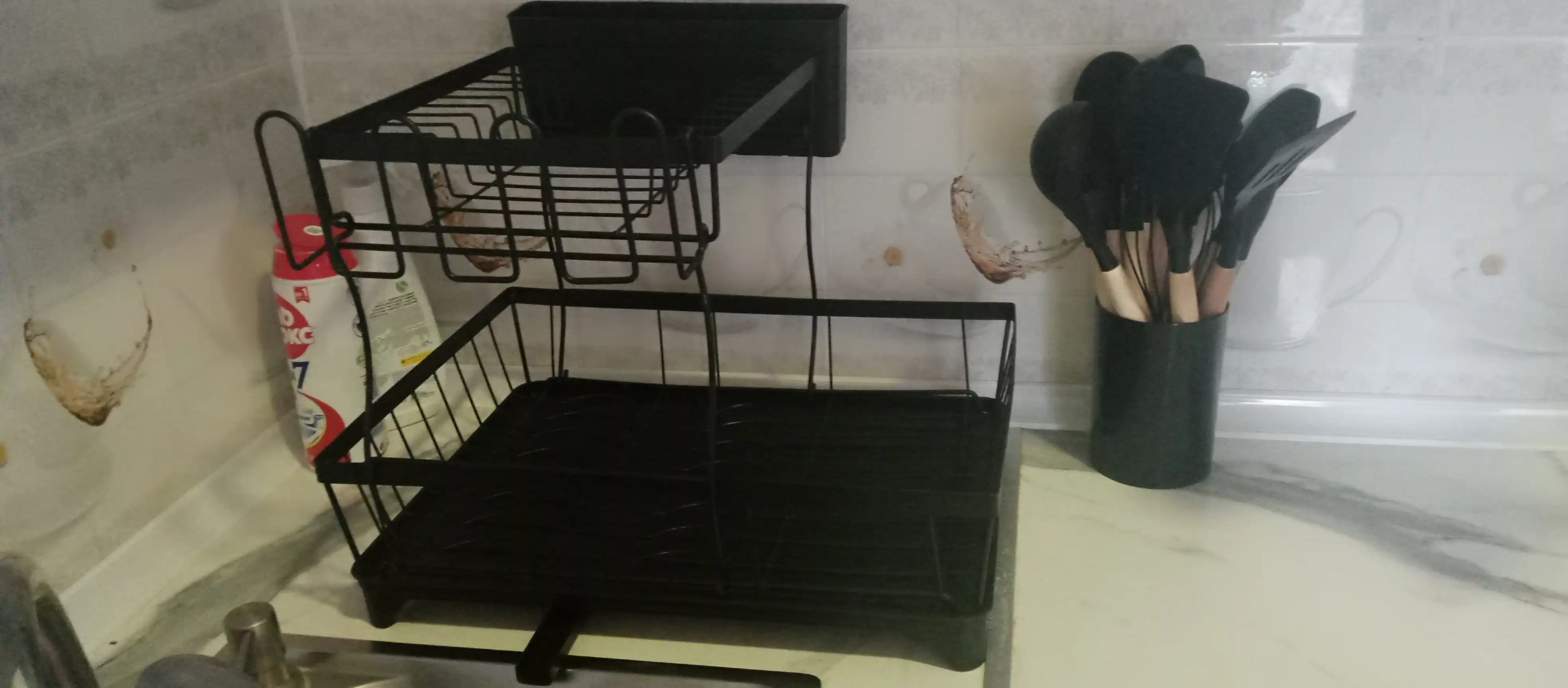 Katta idish quritgich ikki qavatli metall, suv yig‘uvchi taglikli oshxona organayzeri