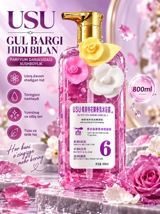 USU atirgul iforli dush geli, 800 ml - har kunlik yumshoq parvarish - 