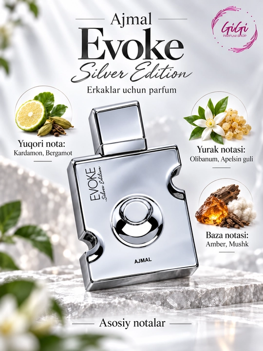 Ajmal Evoke Silver Edition, Aristocrat Platinum erkaklar parfumi 75 ml - 