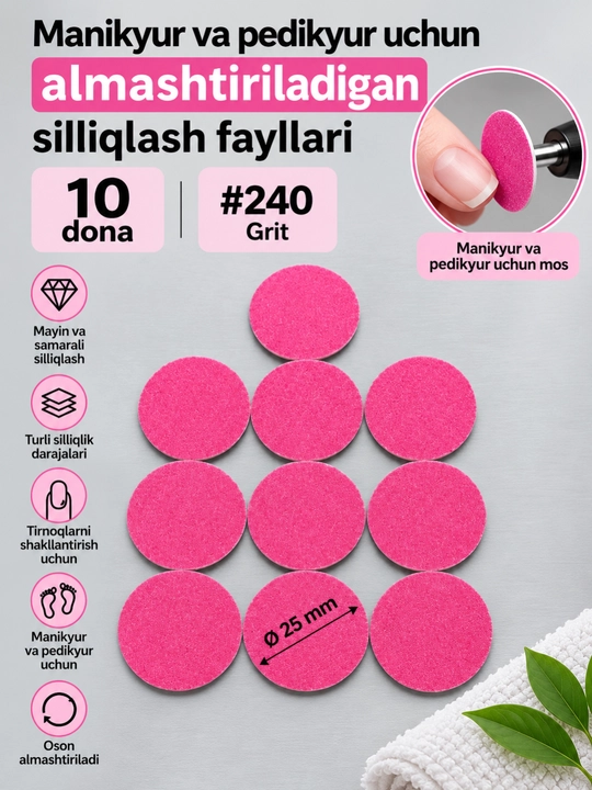 Manikyur va pedikyur uchun almashtiriladigan silliqlash fayllari, 10 dona - 