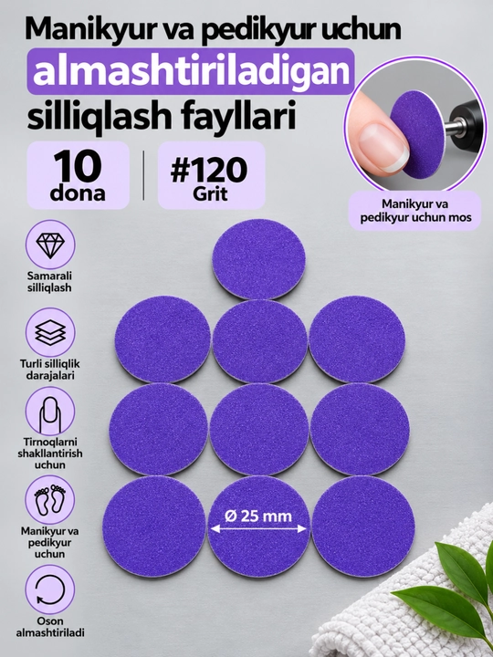 Manikyur va pedikyur uchun almashtiriladigan silliqlash fayllari, 10 dona - 