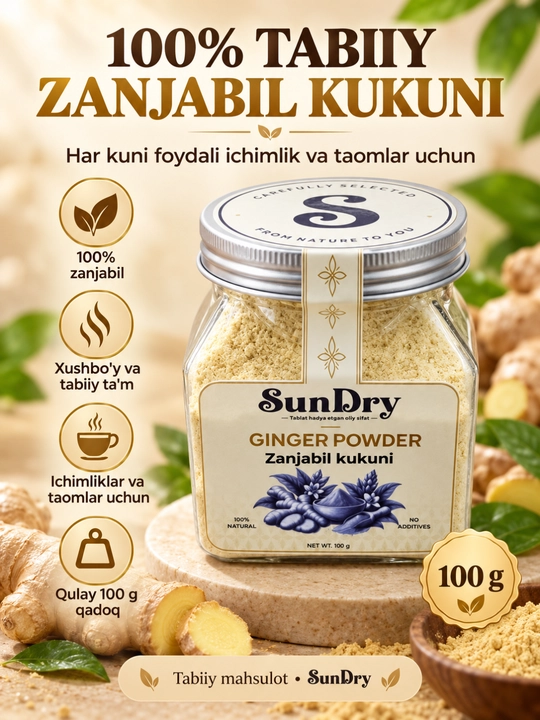 Zanjabil kukuni, imbir, maydalangan zanjabil, 100% tabiiy, 100 g