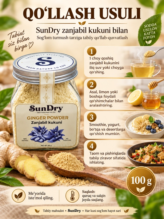 Zanjabil kukuni, imbir, maydalangan zanjabil, 100% tabiiy, 100 g