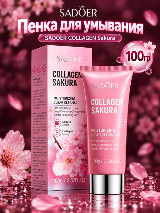 Sadoer Collagen Sakura yuz yuvish ko‘pigi terini namlantiruvchi va tozalovchi gel penka - 