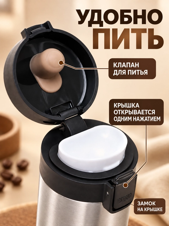 Kofe va choy uchun po‘lat termos-krujka, 400 ml, qopqog‘ida qulfli himoya mavjud
