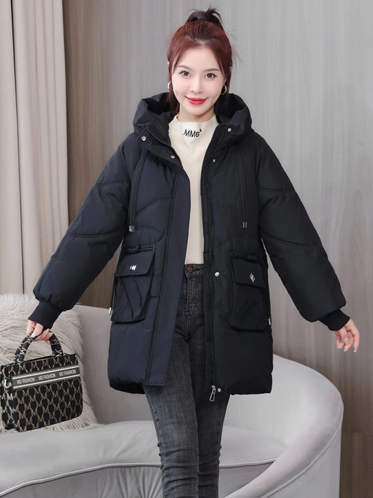 Kurtka ayollar uchun, oversize, qalin kapishoni bilan still koreyskiy kuz va qish uchun