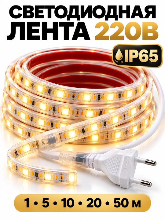 Светодиодная LED лента 220В IP65, тёплый свет, для дома и улицы, 1–50 м - 
