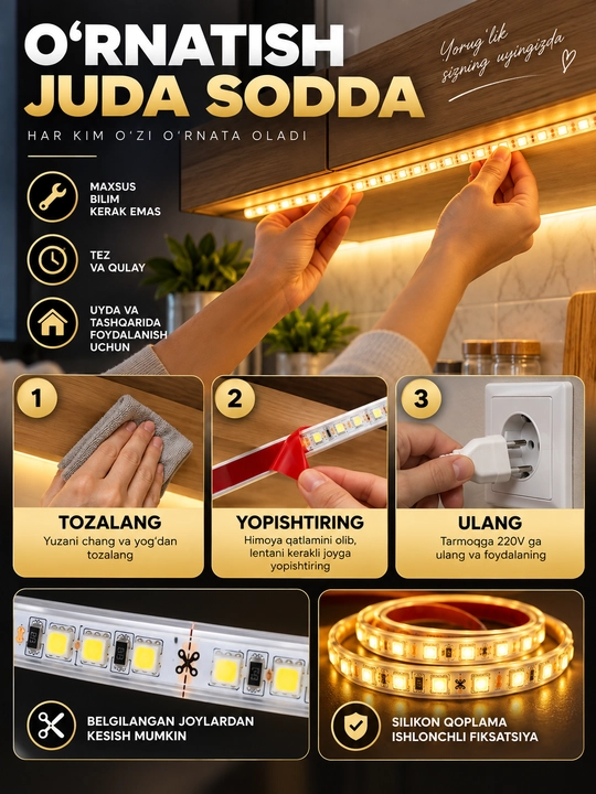LED yorug‘lik lentasi 220V IP65, iliq nur, uy va tashqi yoritish uchun, 1–50 m