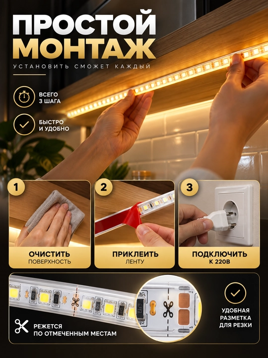 LED yorug‘lik lentasi 220V IP65, iliq nur, uy va tashqi yoritish uchun, 1–50 m