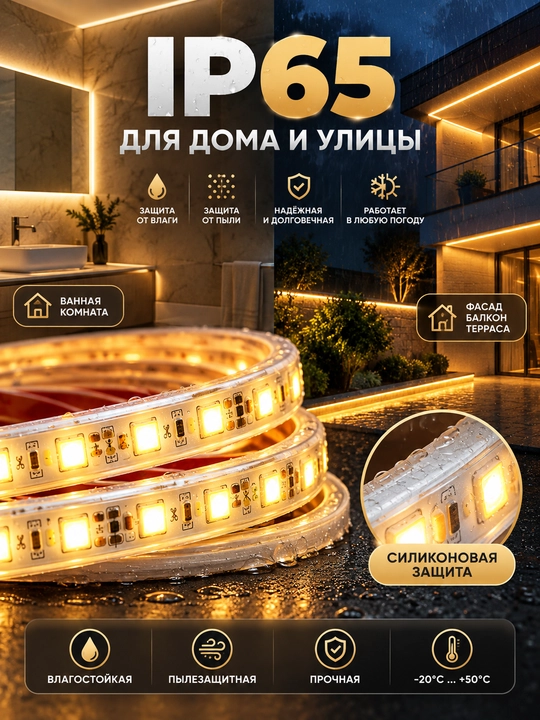 LED yorug‘lik lentasi 220V IP65, iliq nur, uy va tashqi yoritish uchun, 1–50 m