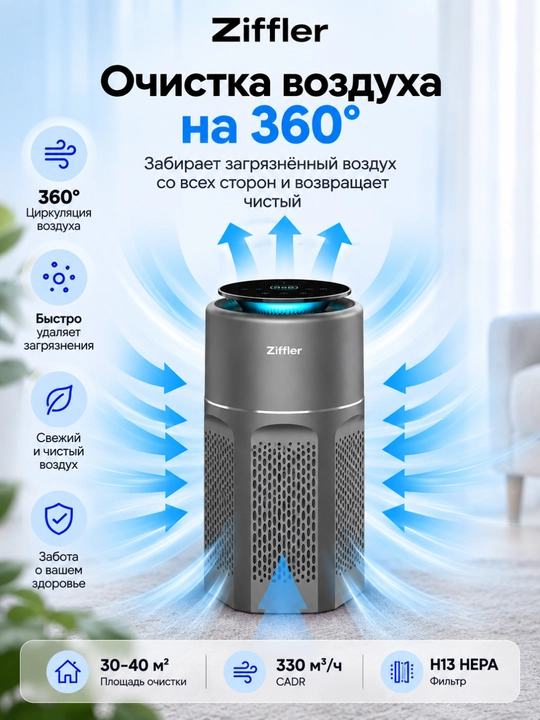Премиальный очиститель воздуха Ziffler с сенсорным управлением и HEPA-фильтром H13