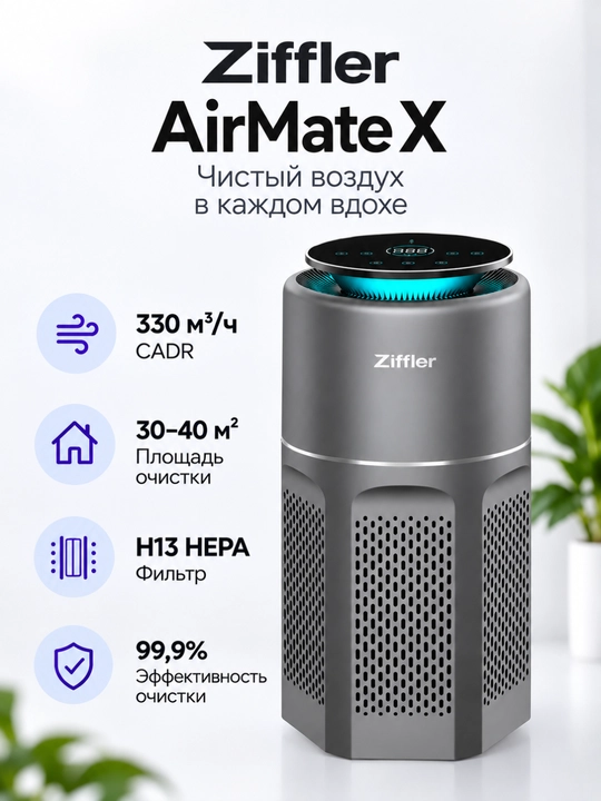 Премиальный очиститель воздуха Ziffler с сенсорным управлением и HEPA-фильтром H13 - 