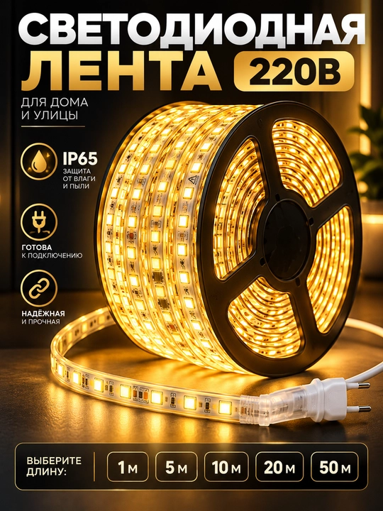 LED yorug‘lik lentasi 220V IP65, iliq nur, uy va tashqi yoritish uchun, 1–50 m
