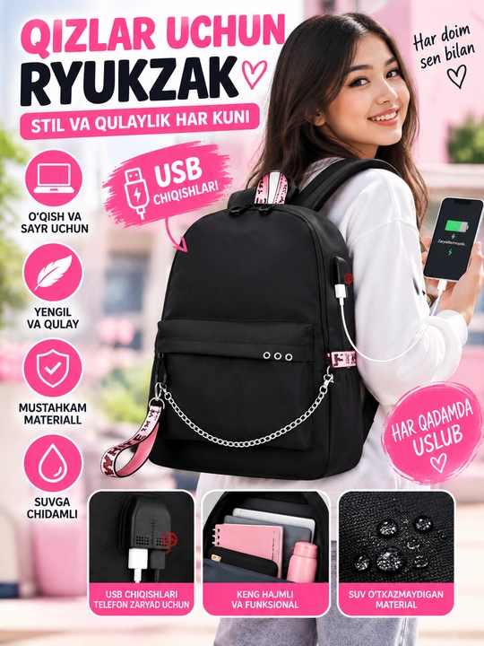 Qizlar uchun USB chiqishli ryukzak — maktab va dam olish uchun - 