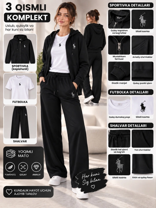 Ayollar uchlik sport kostyumi, Ayollar spartivkasi, sport kostyumi standart