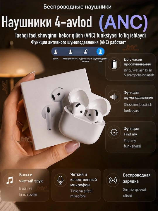 Беспроводные наушники Pods 4 ANC Шумоподавление Bluetooth наушники для iPhone и Android - 