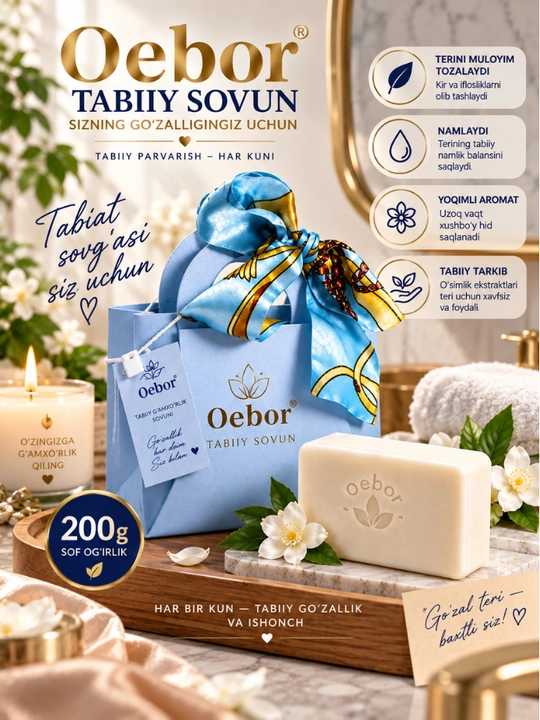 O‘ebur sovg‘a sovuni sovg‘a qadog‘ida, ayollar uchun xushbo‘y kosmetik sovun