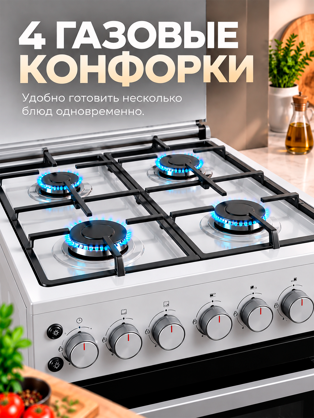 ROFFER MS-4 gaz plitasi, 4 gorelka, duxovka, elektr yoqish, taymer, zanglamaydigan po‘lat